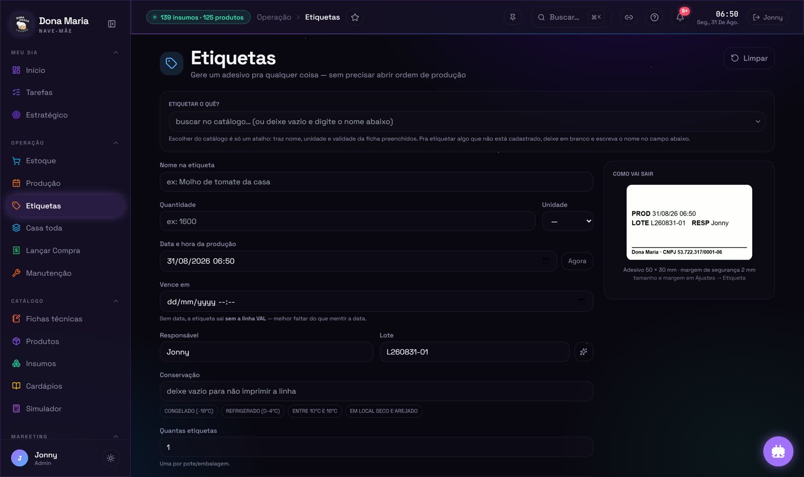 Tela de Etiquetas da Nave-Mãe: formulário de geração de etiqueta com lote, validade e responsável, e pré-visualização do adesivo