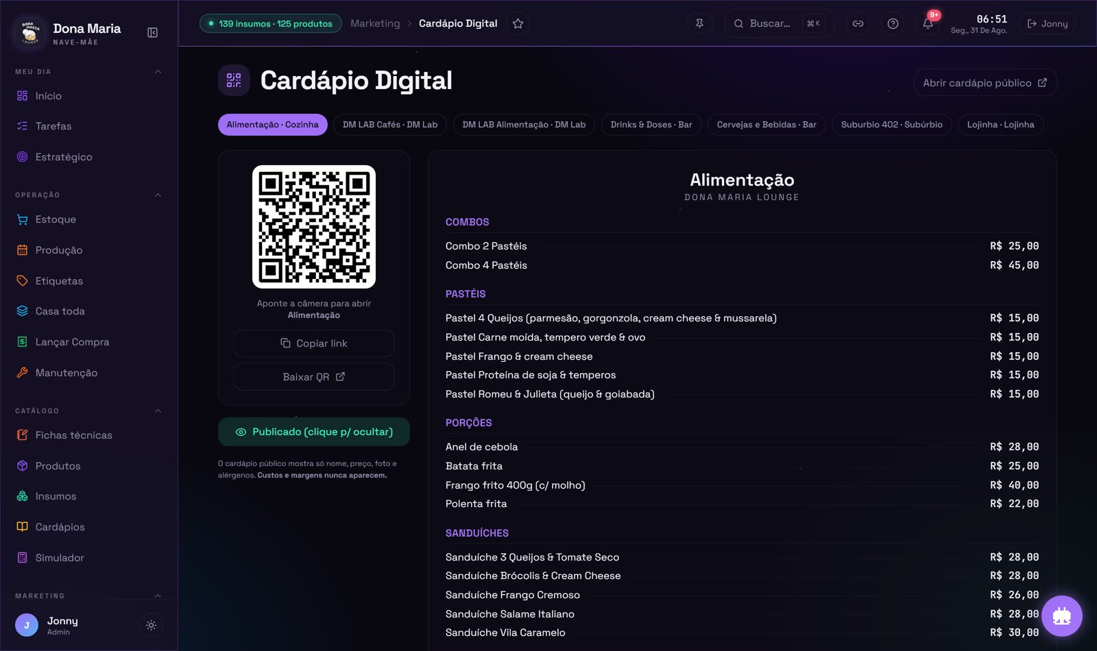 Tela Cardápio Digital da Nave-Mãe: QR code do cardápio público ao lado da lista de itens e preços por frente de operação