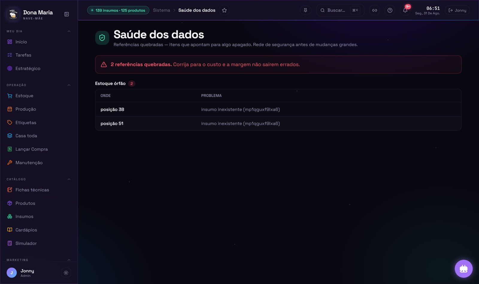 Tela Saúde dos dados da Nave-Mãe: lista de referências quebradas encontradas no sistema
